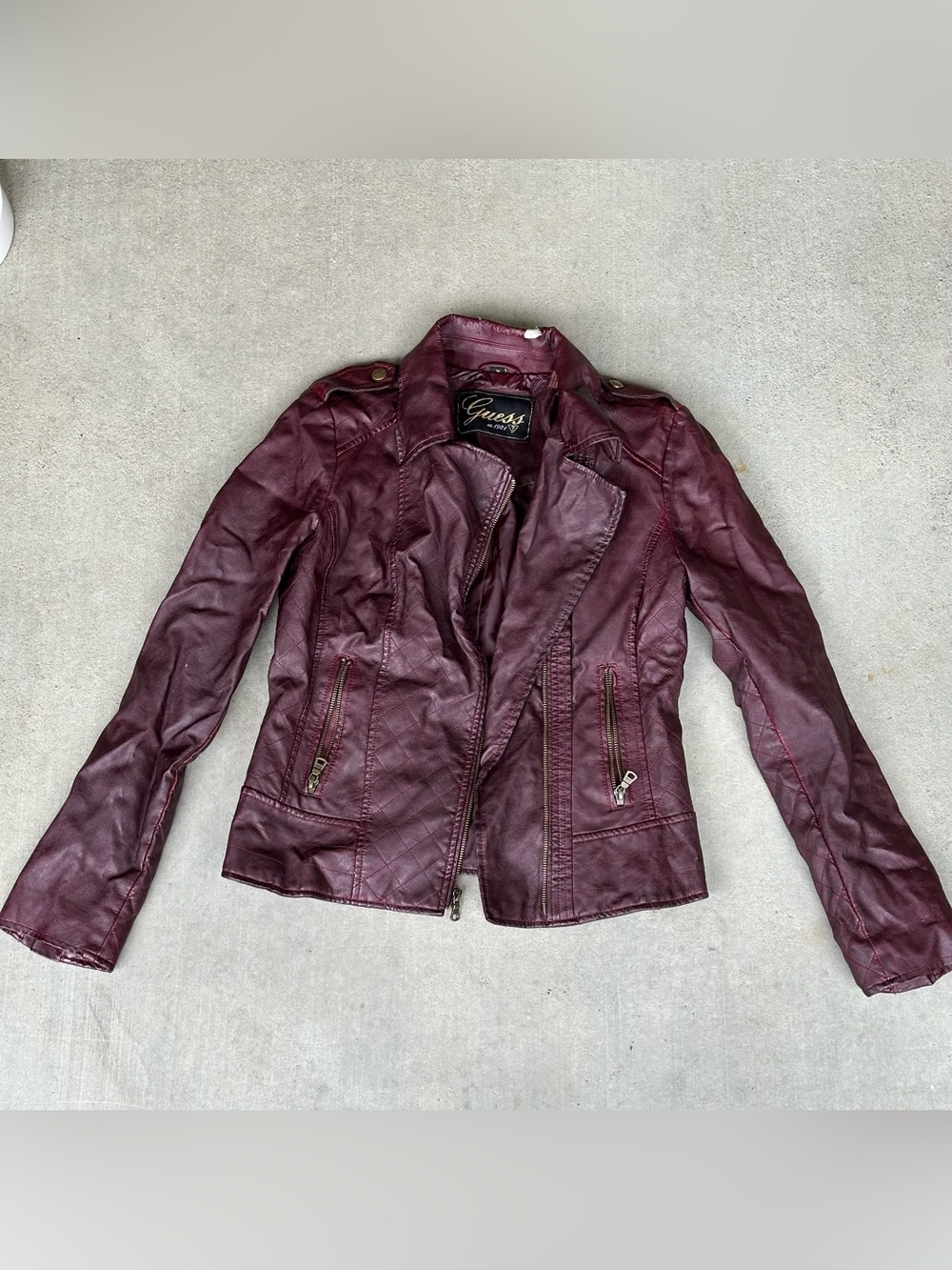 GUESS Women’s Burgundy Biker Jacket M Zip Quilted Lined Short